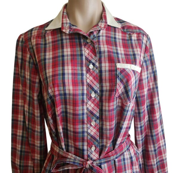 Vintage Lanz 1970s Belted Shirt Dress Western Red White Plaid Print Size 11/12 - Picture 7 of 16
